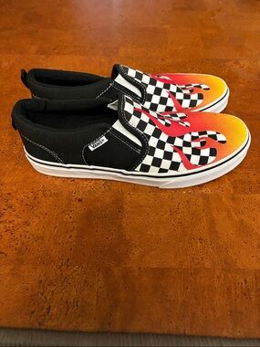 Vans Kids Checkerboard Slip-On Sneakers with Red-Orange Flame size 7